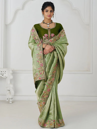 Magnetic Mehendi Green Border Work Viscose Silk Saree With Blouse